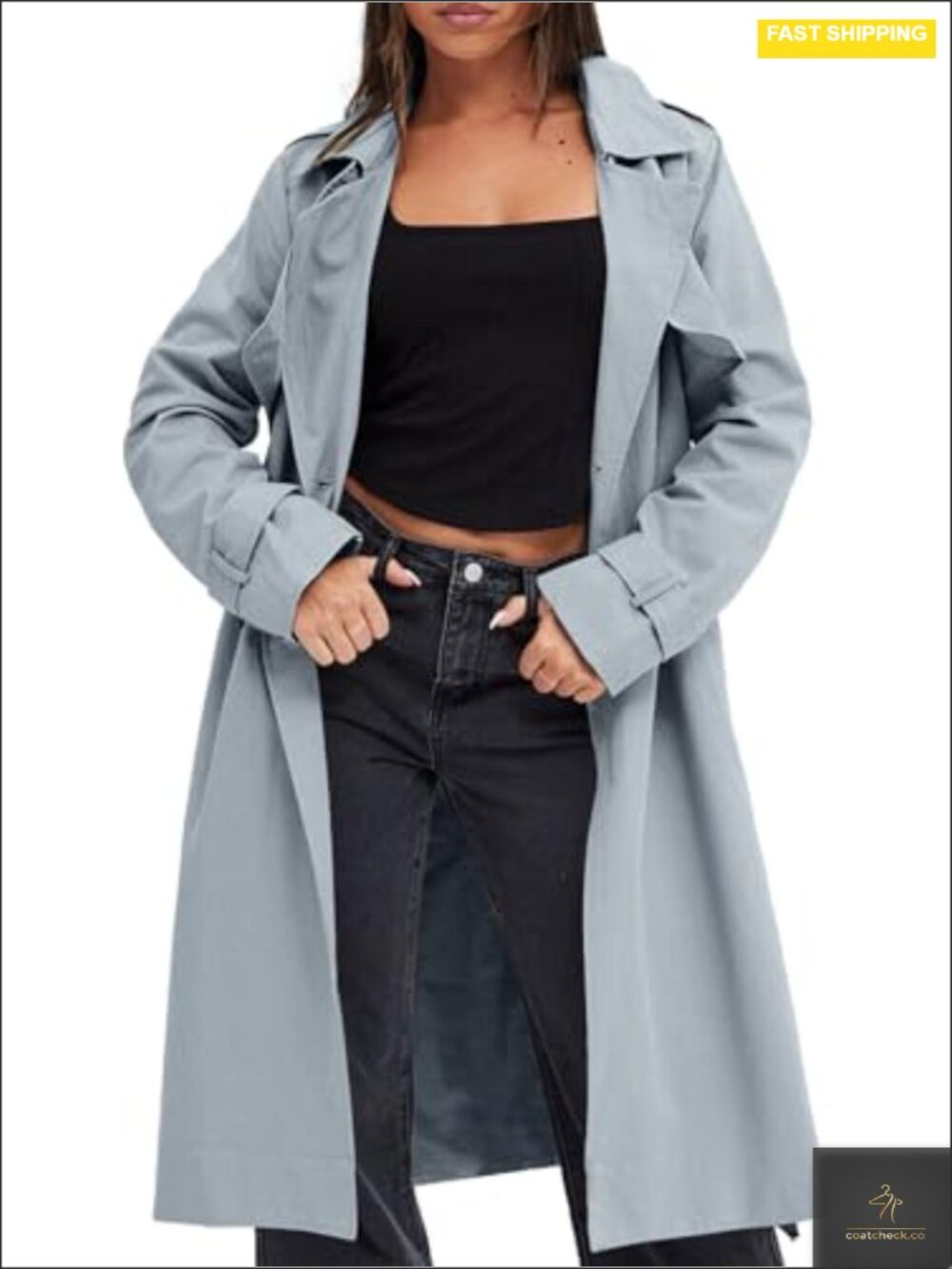 Womens Double Breasted Trench Coat Long Lapel Overcoat with Belt